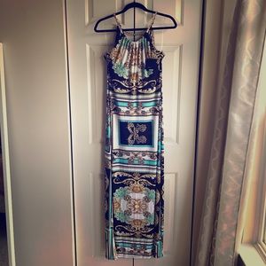 Milano maxi dress with gold chain neckline